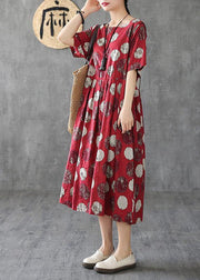 Vivid o neck Cinched linen Robes Tunic Tops red dotted Dresses - bagstylebliss