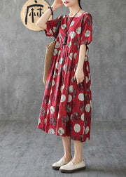 Vivid o neck Cinched linen dress Robes Tunic Tops red dotted Dresses - bagstylebliss