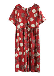 Vivid o neck Cinched linen dress Robes Tunic Tops red dotted Dresses - bagstylebliss