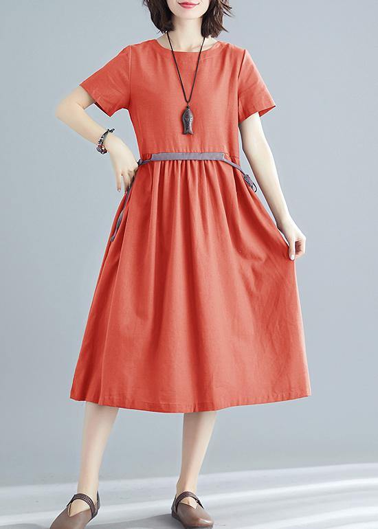 Vivid orange red cotton linen clothes For Women o neck tie waist Robe summer Dress - bagstylebliss