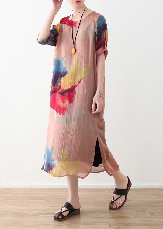 Vivid pink prints chiffon clothes side open summer Dresses - bagstylebliss