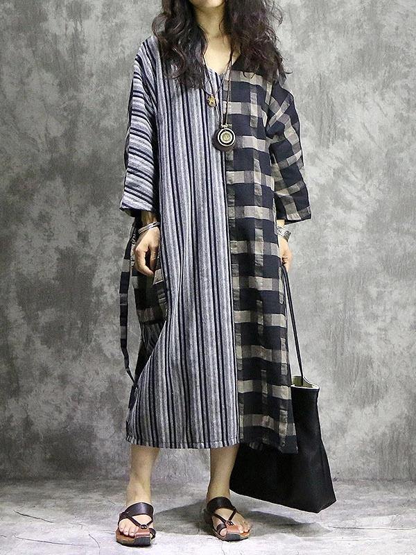 Vivid plaid linen quilting dresses v neck patchwork Dress - bagstylebliss