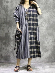 Vivid plaid linen quilting dresses v neck patchwork Dress - bagstylebliss