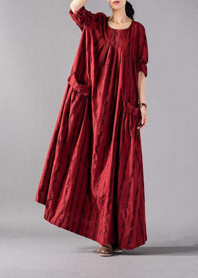 Vivid red Plaid cotton linen Robes o neck pockets Maxi fall Dresses - bagstylebliss