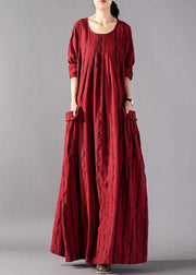 Vivid red Plaid cotton linen Robes o neck pockets Maxi fall Dresses - bagstylebliss