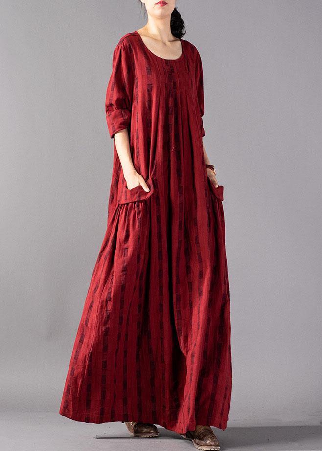 Vivid red Plaid cotton linen Robes o neck pockets Maxi fall Dresses - bagstylebliss