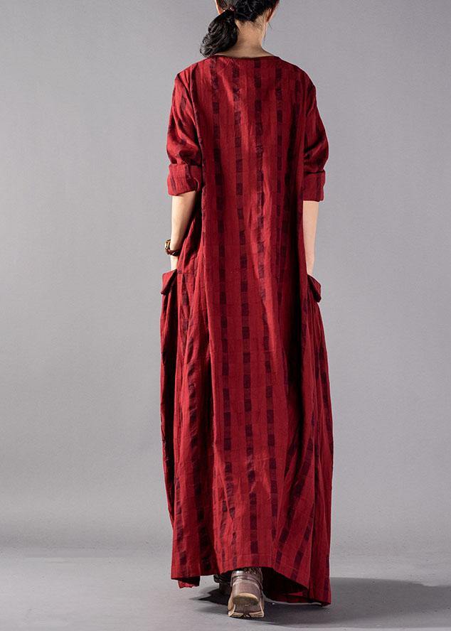 Vivid red Plaid cotton linen Robes o neck pockets Maxi fall Dresses - bagstylebliss