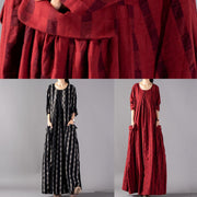 Vivid red Plaid cotton linen Robes o neck pockets Maxi fall Dresses - bagstylebliss