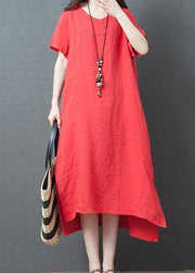 Vivid red cotton tunic dress o neck side open Maxi summer Dress - bagstylebliss