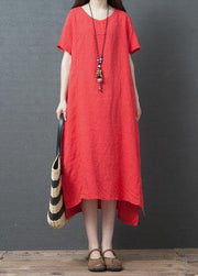 Vivid red cotton tunic dress o neck side open Maxi summer Dress - bagstylebliss