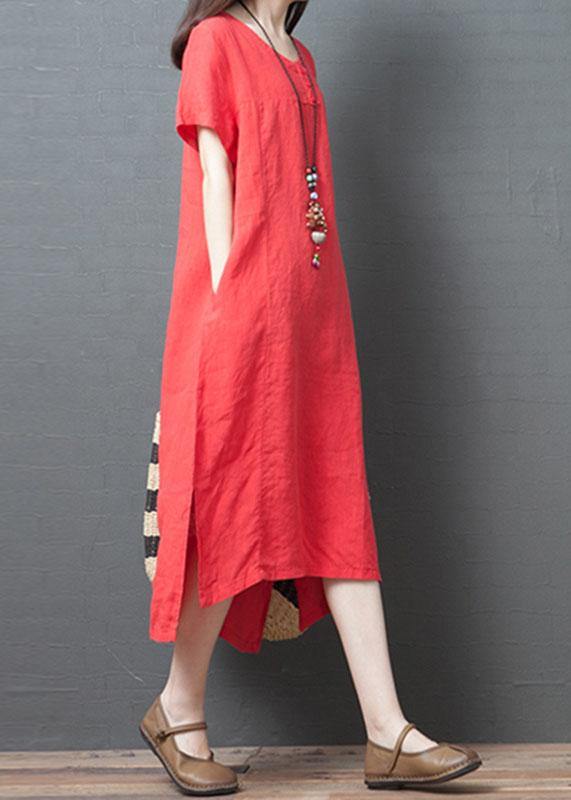 Vivid red cotton tunic dress o neck side open Maxi summer Dress - bagstylebliss