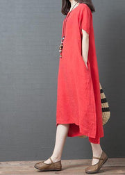 Vivid red cotton tunic dress o neck side open Maxi summer Dress - bagstylebliss