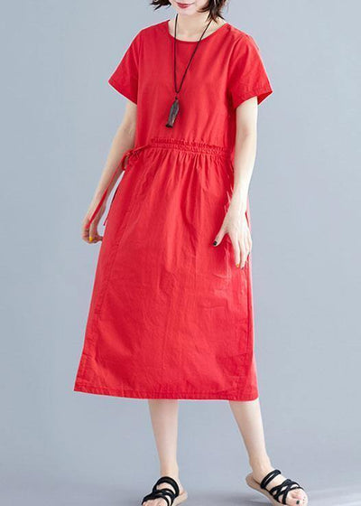 Vivid red linen cotton Robes o neck drawstring Maxi summer Dress - bagstylebliss