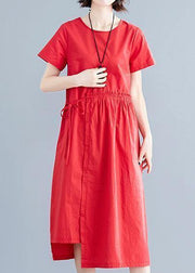 Vivid red linen cotton Robes o neck drawstring Maxi summer Dress - bagstylebliss