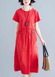 Vivid red linen cotton Robes o neck drawstring Maxi summer Dress - bagstylebliss