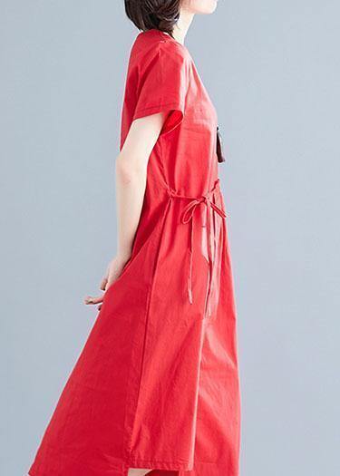 Vivid red linen cotton Robes o neck drawstring Maxi summer Dress - bagstylebliss