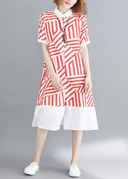 Vivid red striped tunic shirt dress lapel Button Down daily summer Dress - bagstylebliss