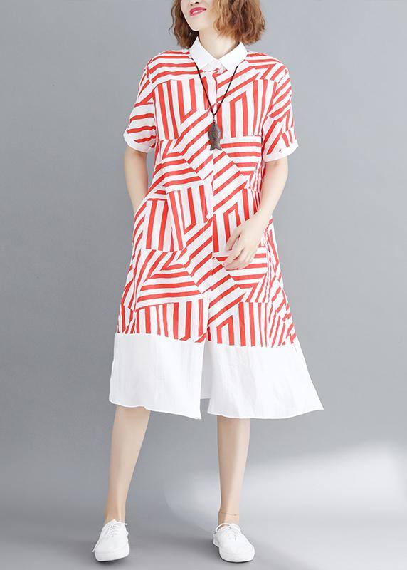 Vivid red striped tunic shirt dress lapel Button Down daily summer Dress - bagstylebliss