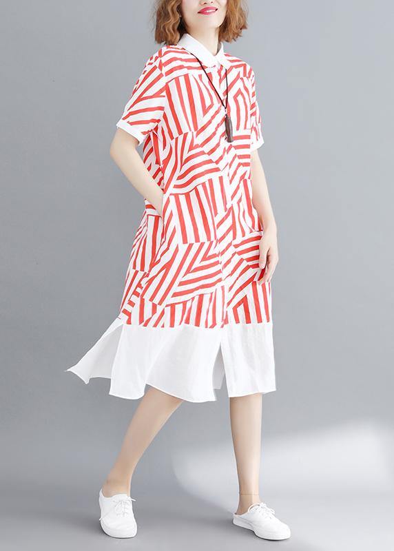 Vivid red striped tunic shirt dress lapel Button Down daily summer Dress - bagstylebliss