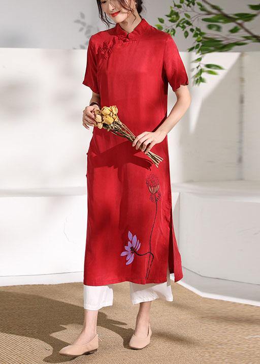 Vivid stand collar Chinese Button tunic dress Fabrics red print Maxi Dresses - bagstylebliss