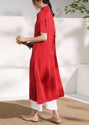 Vivid stand collar Chinese Button tunic dress Fabrics red print Maxi Dresses - bagstylebliss