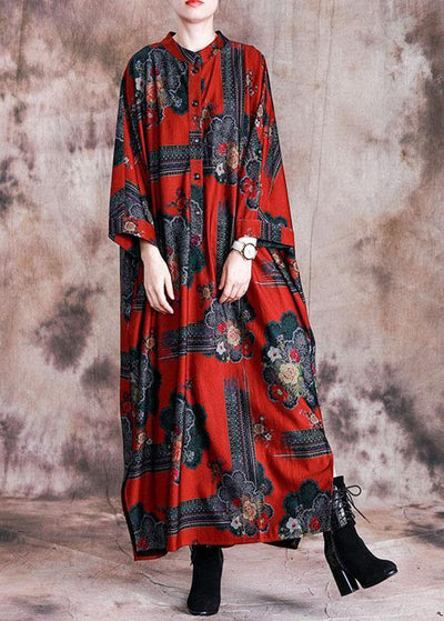 Vivid stand collar cotton Tunics Work Outfits red print Maxi Dress fall - bagstylebliss
