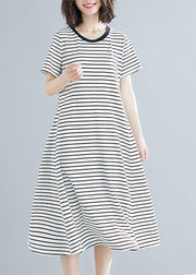 Vivid striped cotton Long Shirts o neck asymmetric Dresses - bagstylebliss