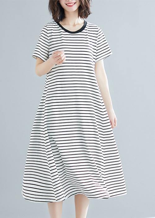 Vivid striped cotton Long Shirts o neck asymmetric Dresses - bagstylebliss