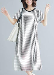 Vivid striped cotton Long Shirts o neck asymmetric Dresses - bagstylebliss