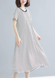 Vivid striped cotton Long Shirts o neck asymmetric Dresses - bagstylebliss