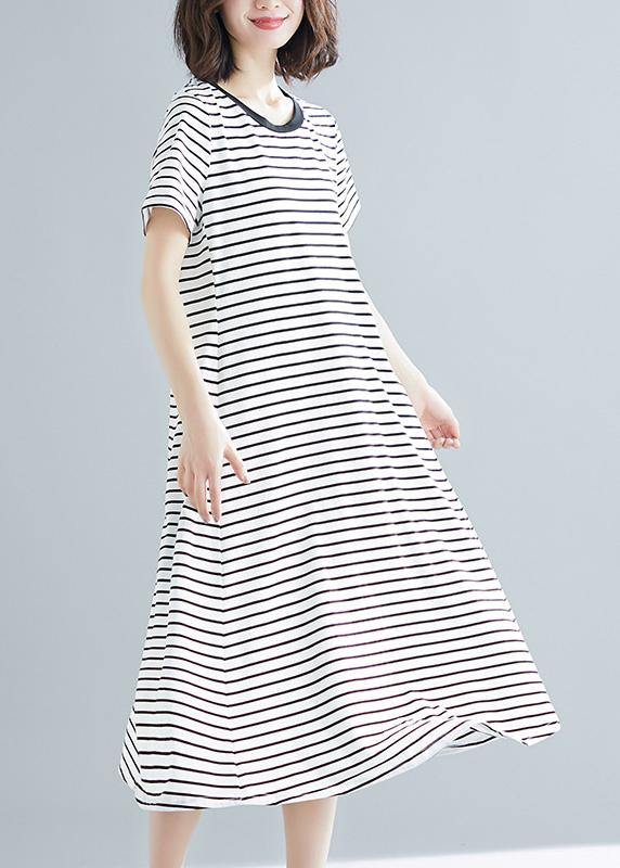 Vivid striped cotton Long Shirts o neck asymmetric Dresses - bagstylebliss