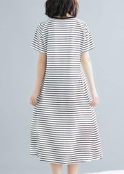 Vivid striped cotton Long Shirts o neck asymmetric Dresses - bagstylebliss