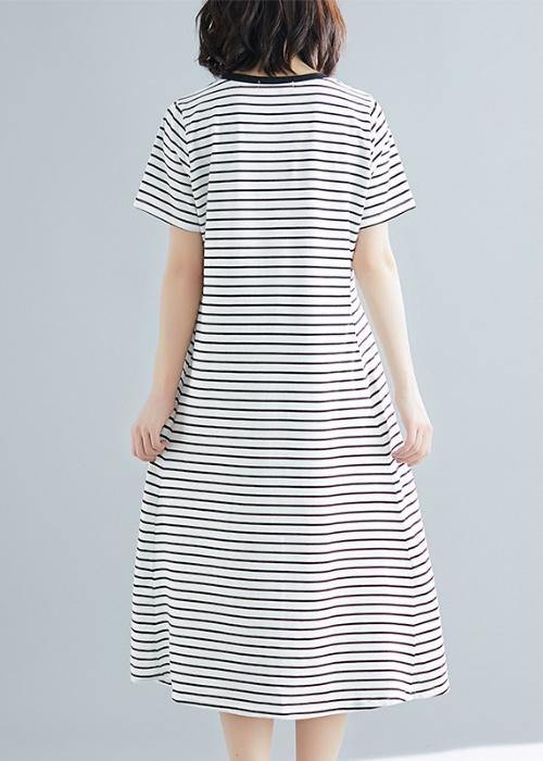 Vivid striped cotton Long Shirts o neck asymmetric Dresses - bagstylebliss