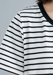 Vivid striped cotton Long Shirts o neck asymmetric Dresses - bagstylebliss