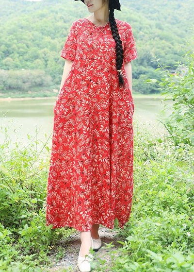 Vivid v neck linen Long Shirts Catwalk red print Maxi Dresses summer - bagstylebliss