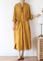 Vivid v neck pockets cotton spring tunic dress Sewing yellow Kaftan Dress - bagstylebliss