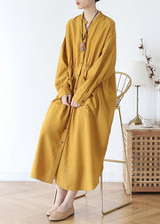 Vivid v neck pockets cotton spring tunic dress Sewing yellow Kaftan Dress - bagstylebliss