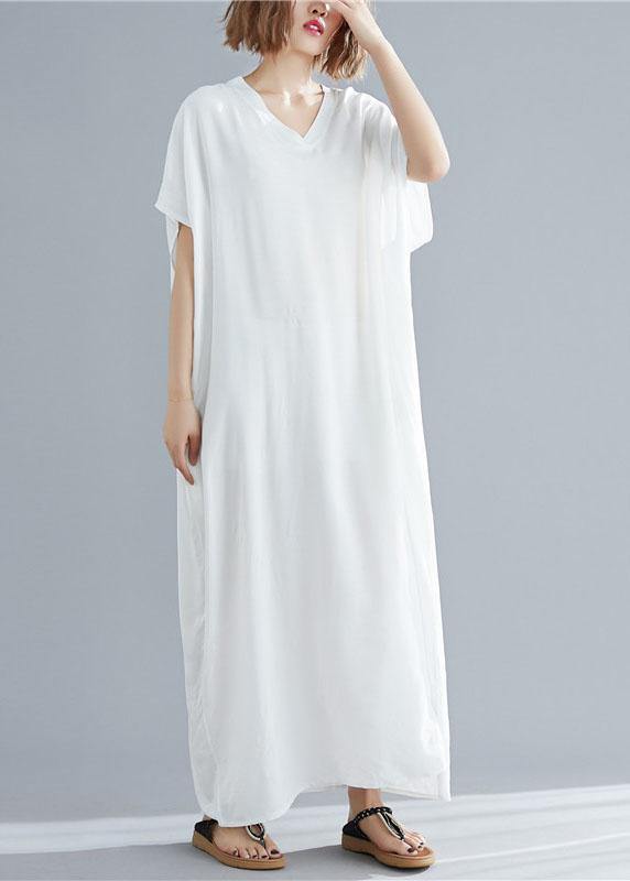 Vivid v neck pockets linen summer Robes Shape white Dresses - bagstylebliss