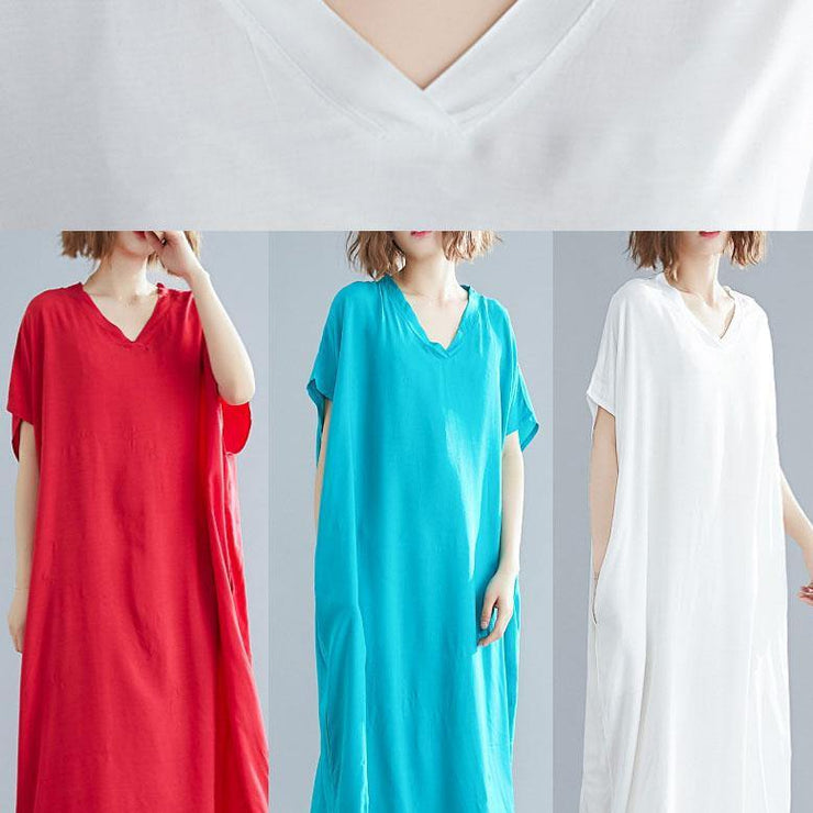 Vivid v neck pockets linen summer Robes Shape white Dresses - bagstylebliss