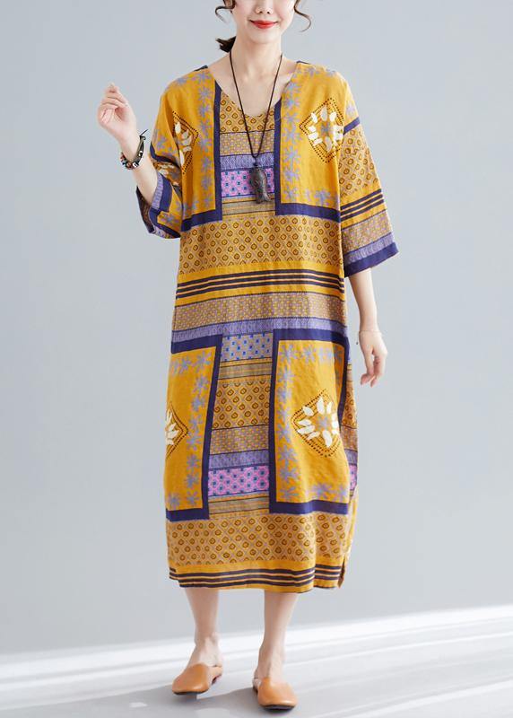 Vivid v neck side open cotton quilting dresses Tutorials yellow print long Dresses summer - bagstylebliss