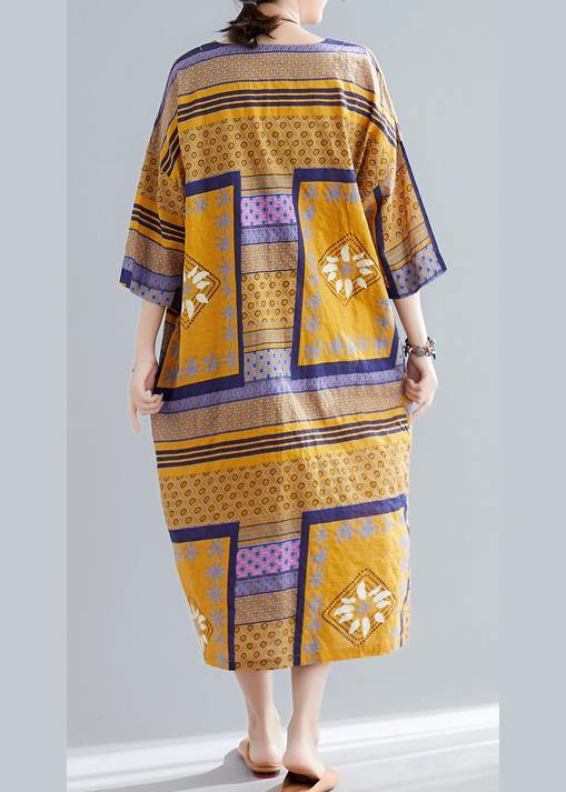 Vivid v neck side open cotton quilting dresses Tutorials yellow print long Dresses summer - bagstylebliss