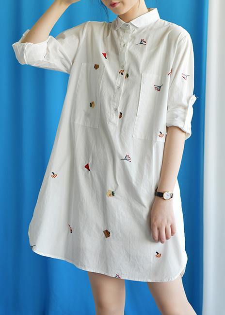 Vivid white Cotton quilting clothes embroidery loose fall Dress - bagstylebliss