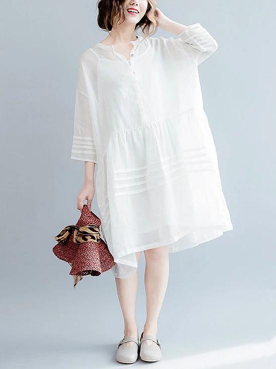 Vivid white Cotton tunic dress v neck half sleeve short Dresses - bagstylebliss