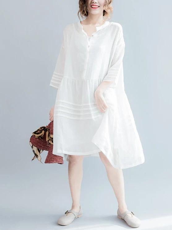 Vivid white Cotton tunic dress v neck half sleeve short Dresses - bagstylebliss