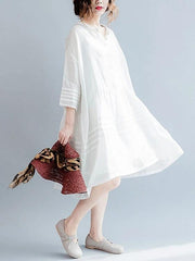 Vivid white Cotton tunic dress v neck half sleeve short Dresses - bagstylebliss