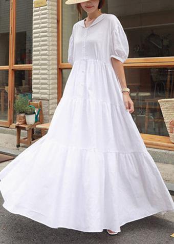 Vivid white linen clothes For Women Peter pan Collar Ruffles long Dress - bagstylebliss