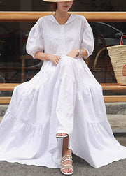 Vivid white linen clothes For Women Peter pan Collar Ruffles long Dress - bagstylebliss