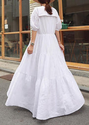 Vivid white linen clothes For Women Peter pan Collar Ruffles long Dress - bagstylebliss