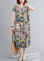 Vivid yellow print outfit o neck Cinched baggy summer Dress - bagstylebliss