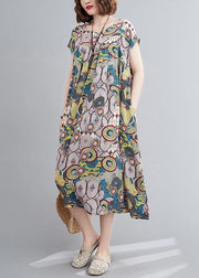 Vivid yellow print outfit o neck Cinched baggy summer Dress - bagstylebliss